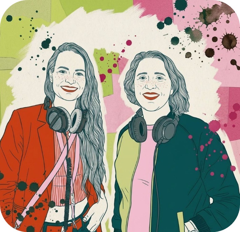 Illustrated portrait of podcast hosts Mira Jago and Miriam Grundig